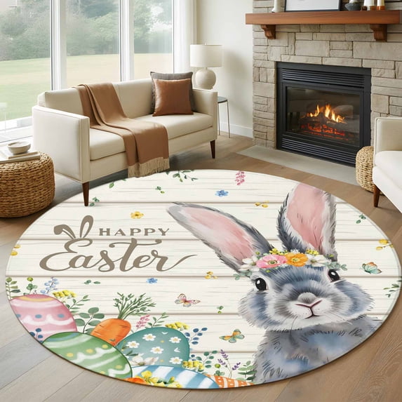 Happy Easter Round Area Rug 7Ft Washable Circle Rugs for Dorm Laundry Room, Spring Bunny Easter Eggs Floral Beige Wood Non-Slip Carpet Floor Mats Indoor Outdoor Carpet Runner Aesthetic Home Decor