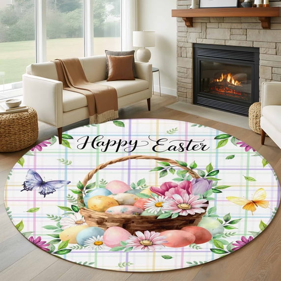 Happy Easter Round Area Rug 7Ft Washable Circle Rugs for Dorm Laundry Room, Spring Daisy Eggs Leaves Butterfly Colorful Plaid Non-Slip Carpet Floor Mats Indoor Outdoor Carpet Runner Home Decor