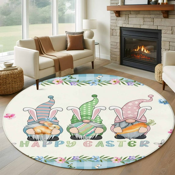 Happy Easter Round Area Rug 8Ft Washable Large Circle Rugs for Living Room Dorm, Spring Gnomes Rabbit Eggs Floral Lattice Non-Slip Carpet Floor Mats Indoor Outdoor Carpet Runner Aesthetic Home Decor