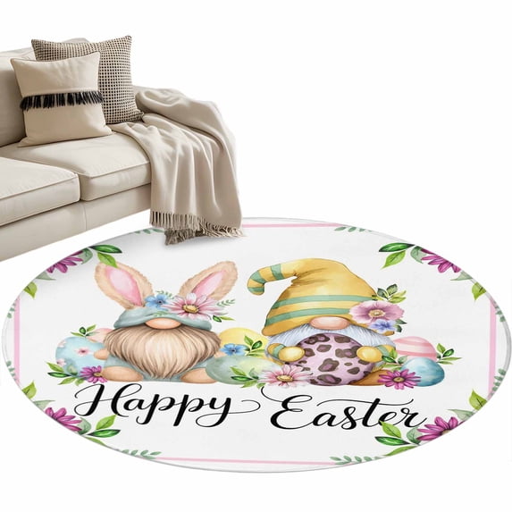 Happy Easter Round Area Rugs Collection 3', Watercolor Gnomes Eggs Flowers Botanical Spring Non Slip Indoor Circular Throw Runner Rug Floor Mat Carpet for Living Room Dining Table Bedroom Nursery