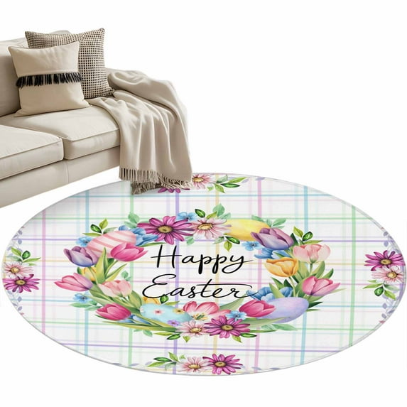 Happy Easter Round Area Rugs Collection 4', Watercolor Floral Daisy Wreath Eggs Colorful Plaid Non Slip Indoor Circular Throw Runner Rug Floor Mat Carpet for Living Room Dining Table Bedroom Nursery