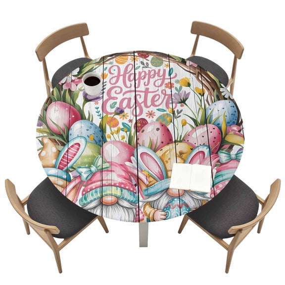 Happy Easter Round Fitted Tablecloth with Elastic Edge Easter Rabbit Ears Gnomes Eggs Floral Wreath Wood Grain Table Cover Fit for 45"-54" Tables Waterproof Tablecloths for Dinner Camping Picnic