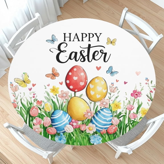 Happy Easter Round Fitted Tablecloth with Elastic Eggs Floral Circle Table Cloth for 40-44" Tables Reusable Wipeable Spring Colorful Easter Table Cover for Party Picnic Outdoor Decor