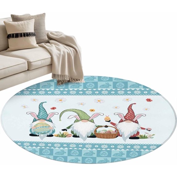 Happy Easter Round Rug 4ft Area Rug Washable Soft Non-Slip 4'' Circle Low Pile Rugs Cute Gnomes Eggs Blue Bunny Flowers Border Carpet for Bedroom Living Room Entryway Home Office Dining Room