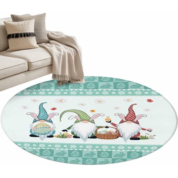Happy Easter Round Rug 4ft Area Rug Washable Soft Non-Slip 4'' Circle Low Pile Rugs Cute Gnomes Eggs Green Bunny Flowers Border Carpet for Bedroom Living Room Entryway Home Office Dining Room