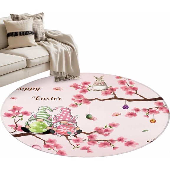 Happy Easter Round Rug 4ft Area Rug Washable Soft Non-Slip 4'' Circle Low Pile Rugs Pink Spring Gnomes Eggs Flower Branch Rabbit Carpet for Bedroom Living Room Entryway Home Office Dining Room