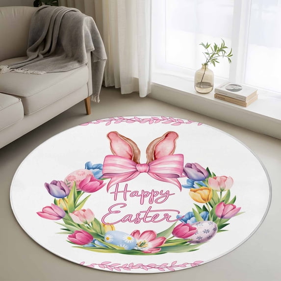 Happy Easter Round Rug 4ft Washable Circle Entryway Rugs Non Slip Rabbits Bows Spring Tulips Eggs Pastoral Area Rug Indoor Floor Carpet for Bedroom Kitchen Living Room Home Office Dining Room Nursery