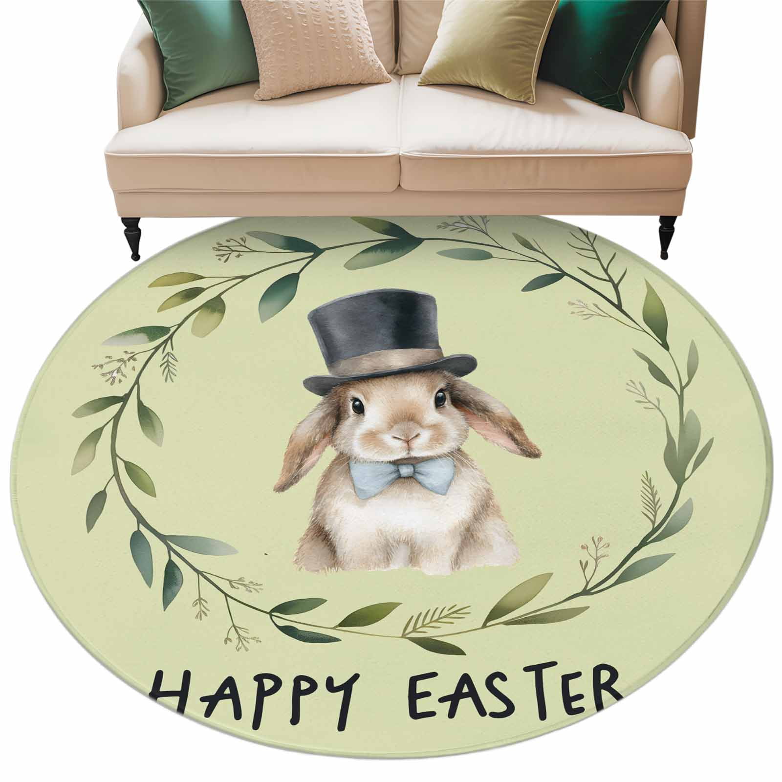 Happy Easter Round Rug 5Ft Spring Hat Bunny Leaf Wreath Yellow Green ...