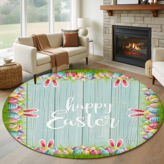 Happy Easter Round Rug 6ft Washable Circle Kitchen Rugs Non Slip Cute Rabbit Ears Eggs Grass Wooden Grain Large Area Rug Indoor Floor Carpet for Bedroom Living Room Home Office Dining Room Nursery