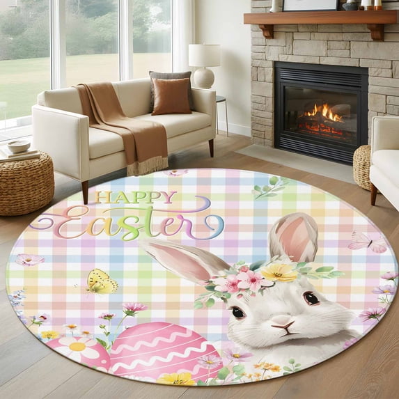 Happy Easter Round Rug 7ft Washable Circle Rugs Non Slip Spring Easter Bunny Eggs Floral Colorful Plaid Large Area Rug Indoor Floor Carpet for Bedroom Kitchen Living Room Home Office Dining Room