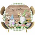 thumbnail image 1 of Happy Easter Round Tablecloth, Fitted Table Cover with Elastic for 36"-44" Round Tables, Gnomes Rabbit Flowers Green Check Wooden Table Cloth Outdoor Indoor Dinning Party Waterproof Tablecloths, 1 of 7