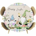 thumbnail image 1 of Happy Easter Round Tablecloth, Fitted Table Cover with Elastic for 36"-44" Round Tables, Green Blue Gnomes Bunny Flowers Striped Table Cloth Outdoor Indoor Dinning Party Waterproof Tablecloths, 1 of 7