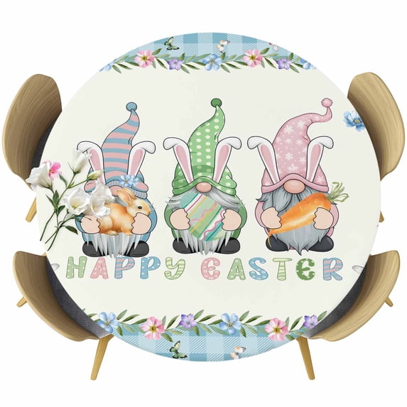 Happy Easter Round Tablecloth, Fitted Table Cover with Elastic for 36"-44" Round Tables, Spring Gnomes Rabbit Eggs Floral Lattice Table Cloth Outdoor Indoor Dinning Party Waterproof Tablecloths