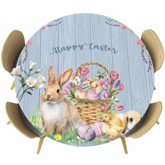 Happy Easter Round Tablecloth, Fitted Table Cover with Elastic for 55"-60" Round Tables, Spring Easter Eggs Bunny Floral Blue Wood Table Cloth Outdoor Indoor Dinning Party Waterproof Tablecloths