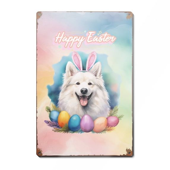 Happy Easter Samoyed with Bunny Ear Headband and Flowers Vertical Metal Aluminum Sign Siberian Sammy Dog Lover Wall Art Home Decor - 13001