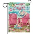 thumbnail image 1 of Happy Easter Sea Pink Chair Garden Flag Double Sided, Eggs Basket Ocean Coastal Beach Decorative Yard Outdoor Home Small Decor, Bunny Ears Hat Flowers Nautical Burlap Outside House Decoration, 1 of 6