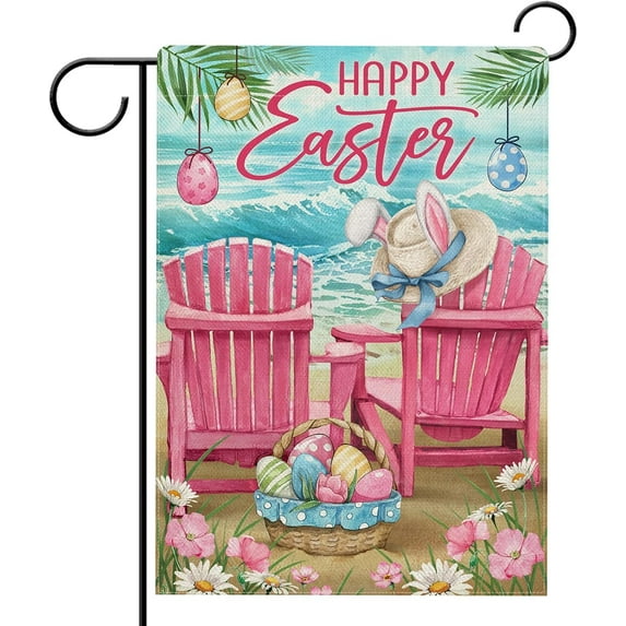 Happy Easter Sea Pink Chair Garden Flag Double Sided, Eggs Coastal Beach Yard Outdoor Decor, Spring Nautical Burlap Home Decoration 12 x 18