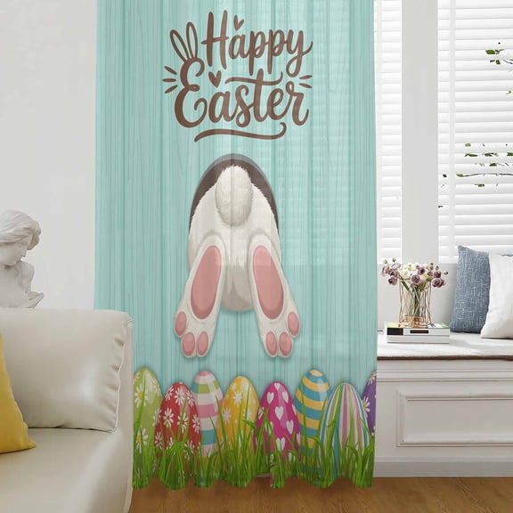 Happy Easter Semi Sheer Curtains Drapes for Living Room,Bedroom,French Doors Window 45 Inches Long,Spring Bunny Easter Eaggs Grasses Teal Wood Rod Pocket Chiffon Curtain Drapery Voile Draperies Panel
