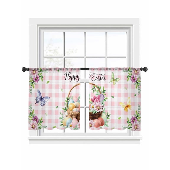 Happy Easter Sheer Curtains 2 Panels Set Color Egg Daisy Flower Basket Green Leaf Butterflies Pink Plaid Sheer Window Curtains Light Filtering Rod Pocket Voile Drapes for Bedroom Living Room 52"x45"