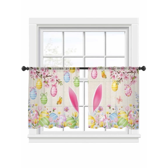 Happy Easter Sheer Curtains 2 Panels Set Colored Eggs Cute Rabbit Bunny Spring Vintage Floral Sheer Window Curtains Light Filtering Rod Pocket Voile Drapes for Bedroom Living Room 52"x45"