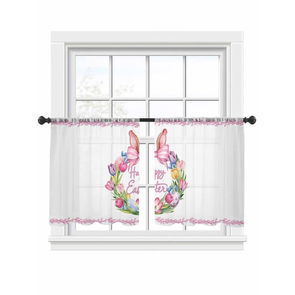 Happy Easter Sheer Curtains 2 Panels Set Eggs Tulips Wreath Bow Rabbit Ears Pink Leaf Sheer Window Curtains Light Filtering Rod Pocket Voile Drapes for Bedroom Living Room 52"x54"