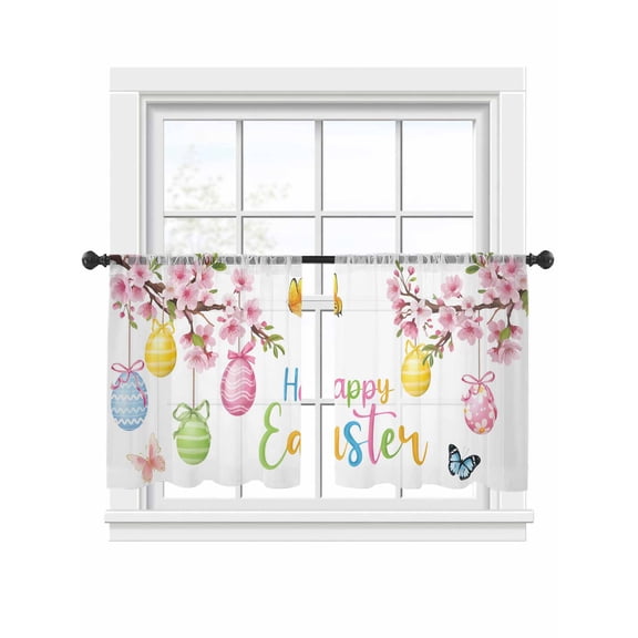 Happy Easter Sheer Curtains 2 Panels Set Spring Pink Floral Bule Yellow Eggs Butterfly Watercolor Sheer Window Curtains Light Filtering Rod Pocket Voile Drapes for Bedroom Living Room 52"x54"