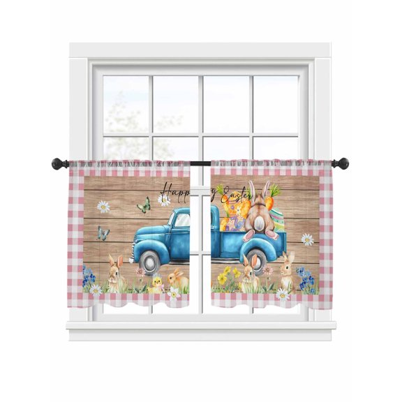 Happy Easter Sheer Curtains 2 Panels Set Watercolor Blue Truck Yellow Eggs Bunny Brown Wood Grain Pink Plaid Sheer Window Curtains Light Filtering Rod Pocket Voile Drapes for Bedroom 52"x45"
