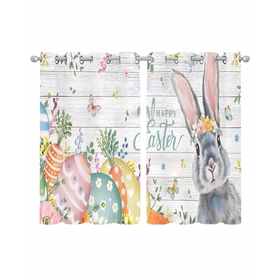 Happy Easter Sheer Curtains 39 Inch Length 2 Panels Set for Living Room/Bedroom, Spring Bunny Easter Eggs Floral Gray Wood Kitchen Curtains Grommet Semi-Sheer Curtains Window Treatments 27.5"x39"x2