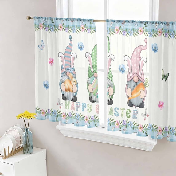 Happy Easter Sheer Curtains 45 Inch Length 2 Panels Set Window Treatments, Spring Gnomes Rabbit Eggs Floral Lattice Rod Pocket Semi Curtains for Living Room/Bedroom/Kitchen Décor, 104"W x 45"L