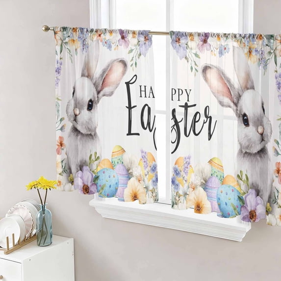 Happy Easter Sheer Curtains 45 Inch Length 2 Panels Set Window Treatments, Spring Grey Bunny Colorful Eggs Flower Beige Rod Pocket Semi Curtains for Living Room/Bedroom/Kitchen Décor, 104"W x 45"L