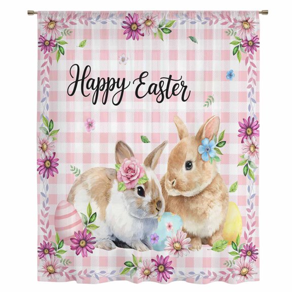 Happy Easter Sheer Curtains 45" Long, Cute Rabbits Daisy Flowers Leaves Eggs Pink Plaid Light Filering Curtains, Breathable Simi Curtain Privacy Drapes for Kitchen Bathroom Small Window Treatment