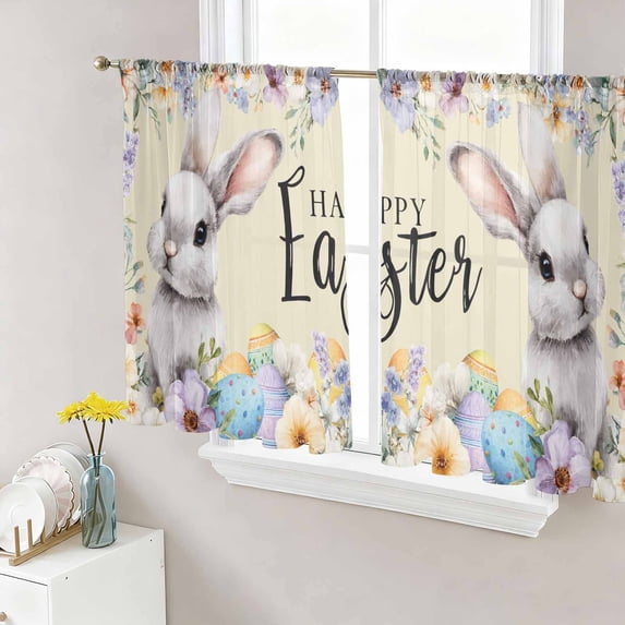 Happy Easter Sheer Curtains 54 Inch Length 2 Panels Set Window Treatments, Spring Grey Bunny Colorful Eggs Flower Brown Rod Pocket Semi Curtains for Living Room/Bedroom/Kitchen Décor, 104"W x 54"L