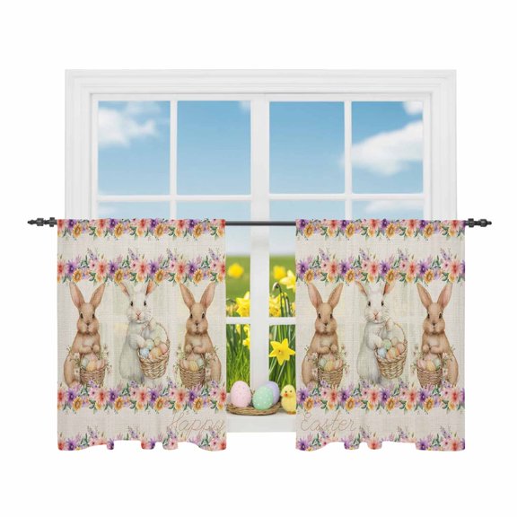 Happy Easter Sheer Curtains 54 Inch Length Rod Pocket Semi Transparent Light Filtering Window Drapes for Kitchen Bedroom Living Room,2 Panels, Rustic Floral Easter Rabbits with Eggs Basket