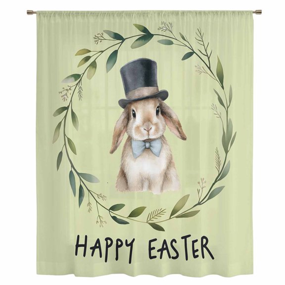 Happy Easter Sheer Curtains 54 Inches Long, Grass Green Spring Bunny Eucalyptus Leaves Light Filering Curtains, Breathable Simi Curtain Privacy Drapes for Kitchen Bathroom Small Window Treatment