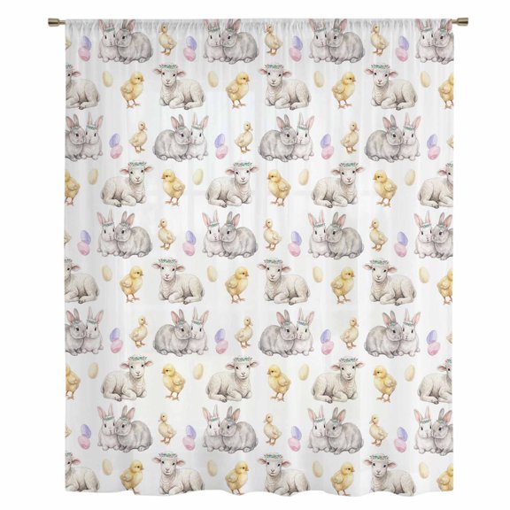 Happy Easter Sheer Curtains 54 Inches Long, Spring Bunny Chickens Lambs Easter Eggs Light Filering Curtains, Breathable Simi Curtain Privacy Drapes for Kitchen Bathroom Small Window Treatment