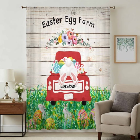 Happy Easter Sheer Curtains 54 Inches Long, Spring Easter Eggs Bunny Farmhouse Beige Wood Light Filering Curtains, Breathable Simi Curtain Privacy Drapes for Kitchen Bathroom Nursery Window Treatment