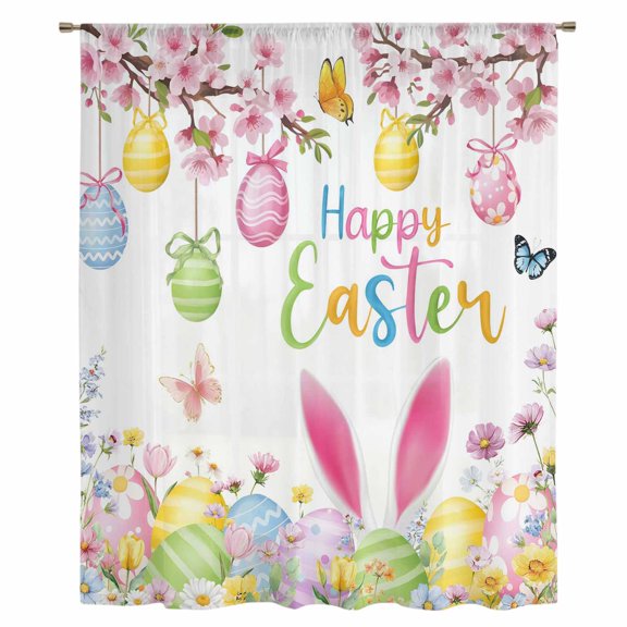 Happy Easter Sheer Curtains 54 Inches Long, Spring Watercolor Bunny Eggs Flower Branch Light Filering Curtains, Breathable Simi Curtain Privacy Drapes for Kitchen Bathroom Small Window Treatment
