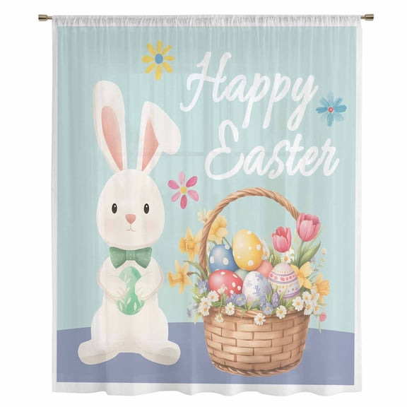 Happy Easter Sheer Curtains 54" Long, Cute Bunny Colorful Eggs Spring Flowers Blue Purple Light Filering Curtains, Breathable Simi Curtain Privacy Drapes for Kitchen Bathroom Small Window Treatment