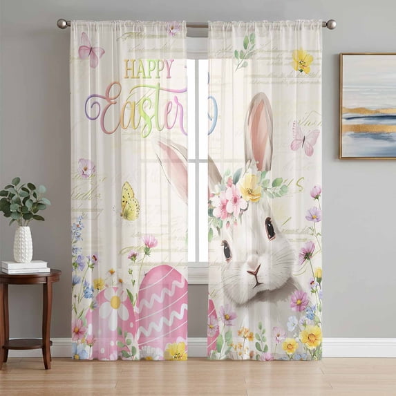 Happy Easter Sheer Curtains 63 Inch Length 2 Panels Set Window Treatments, Spring Farmhouse Easter Bunny Eggs Floral Rod Pocket Semi Curtains for Living Room/Bedroom/Kitchen Décor, 104"W x 63"L
