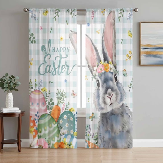 Happy Easter Sheer Curtains 72 Inch Length 2 Panels Set Window Treatments, Spring Bunny Easter Eggs Floral Teal Plaid Rod Pocket Semi Curtains for Living Room/Bedroom/Kitchen Décor, 104"W x 72"L