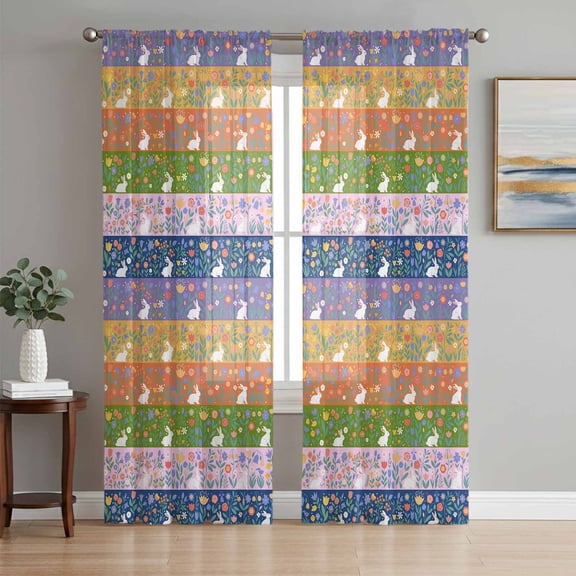 Happy Easter Sheer Curtains 72 Inch Length 2 Panels Set Window Treatments, Spring Farmhouse Bunny Botanical Stripes Rod Pocket Semi Curtains for Living Room/Bedroom/Kitchen Décor, 104"W x 72"L