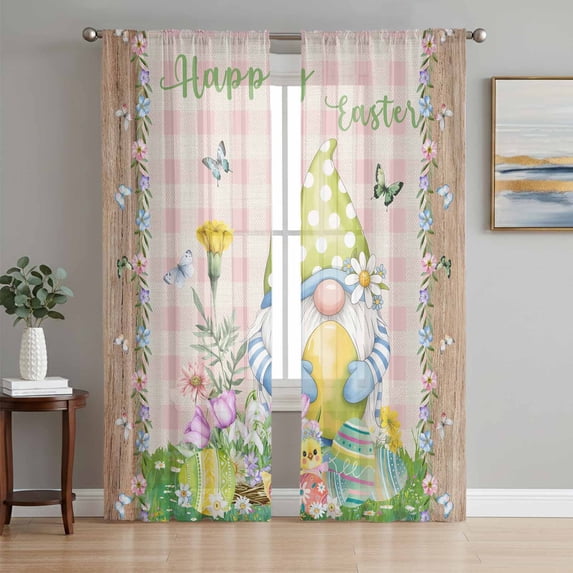 Happy Easter Sheer Curtains 84 Inch Length 2 Panels Set, Spring Gnomes Duck Floral Eggs Pink Plaid Voile Window Treatment Rod Pocket Curtains Sheers Drapes for Bedroom/Living Room/Kitchen 52"x84"x2