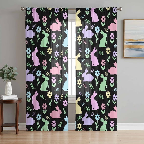 Happy Easter Sheer Curtains 96 Inch Length 2 Panels Set Window Treatments, Spring Colorful Bunny Floral Rustic Black Rod Pocket Semi Curtains for Living Room/Bedroom/Kitchen Décor, 104"W x 96"L