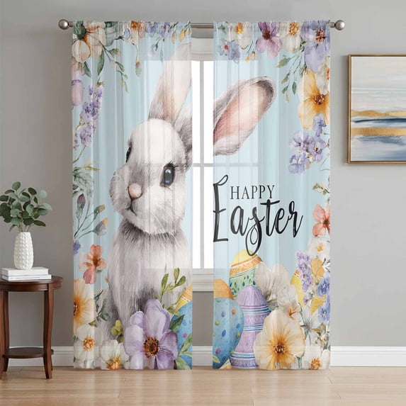 Happy Easter Sheer Curtains 96 Inch Length 2 Panels Set Window Treatments, Spring Grey Bunny Colorful Eggs Flower Blue Rod Pocket Semi Curtains for Living Room/Bedroom/Kitchen Décor, 104"W x 96"L