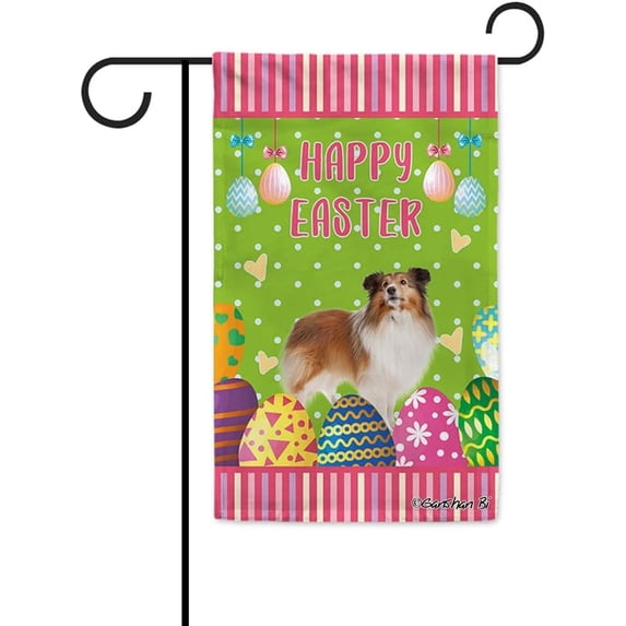 Happy Easter Sheltie Dog Garden Flag Colorful Eggs Stripe Holiday Decorative Yard Flag Banner for Outside Farmhouse Double Side 12.5X18 Inch