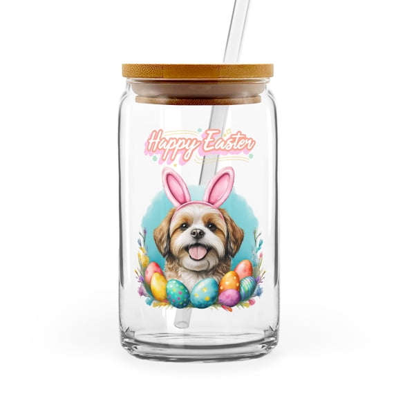 Happy Easter Shih Tzu with Bunny Ear Headband and Flowers 16oz Glass Cup Mug Lion Dog Lover Gifts Glass Can with Bamboo Lid and Straw - 13001