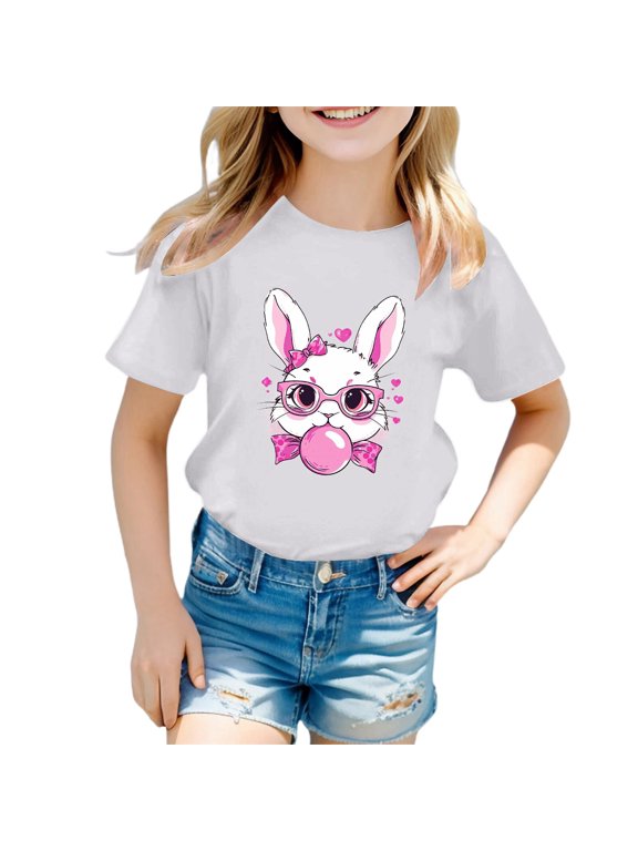 Happy Easter Shirts Funny Bunny T-Shirt Rabbit Graphic Tee Tops Digging Eggs Easter Day Girls Gifts Kids Clothing Summer Clothes White 6-7 Years