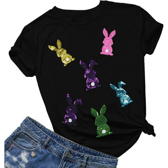 Happy Easter Shirts Women Sequin Bunny Shirt Cute Rabbit Graphic T Shirt Funny Easter Gift Short Sleeve Tee Tops100% cotton