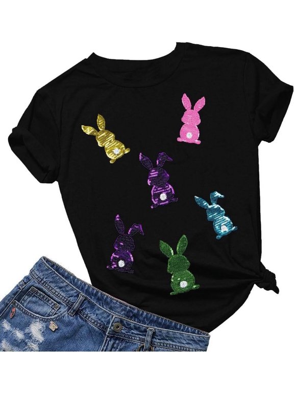 Happy Easter Shirts Women Sequin Bunny Shirt Cute Rabbit Graphic T Shirt Funny Easter Gift Short Sleeve Tee Tops100% cotton