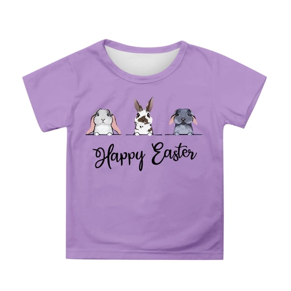 Happy Easter Shirts for Girls Cute Bunny Graphic Tees Short Sleeve Crew Neck Relaxed Fit Casual Funny Easter Outfit Clothes Purple, 10-11 Years
